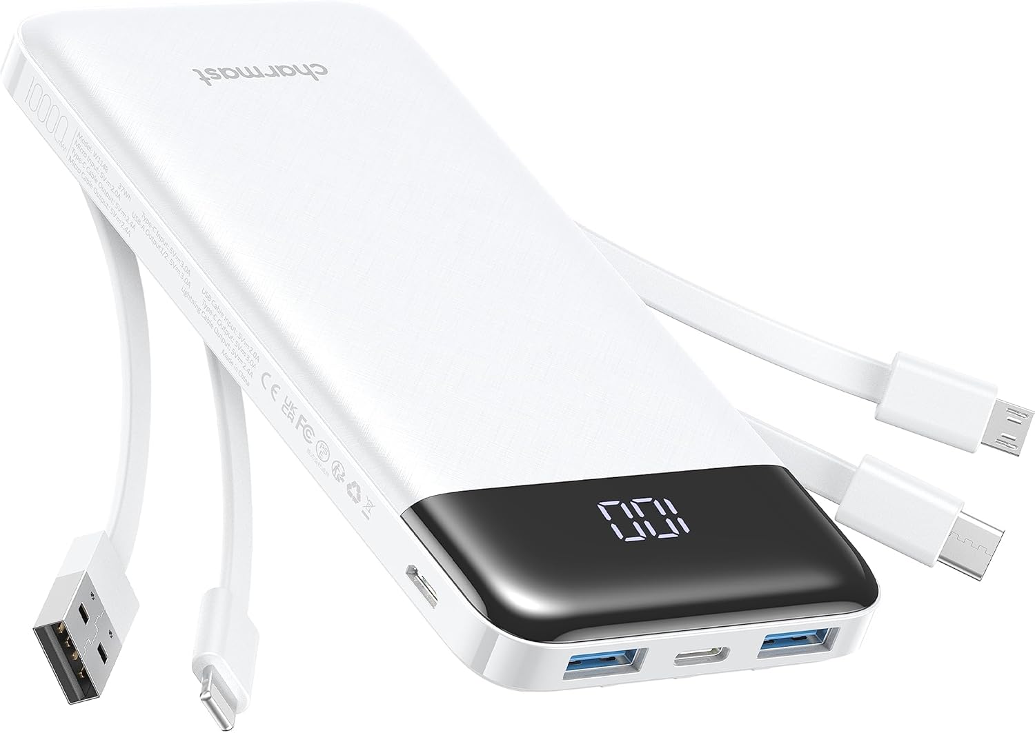 Charmast 10000mAh Portable Charger with Built-in Cables – Slim Power Bank