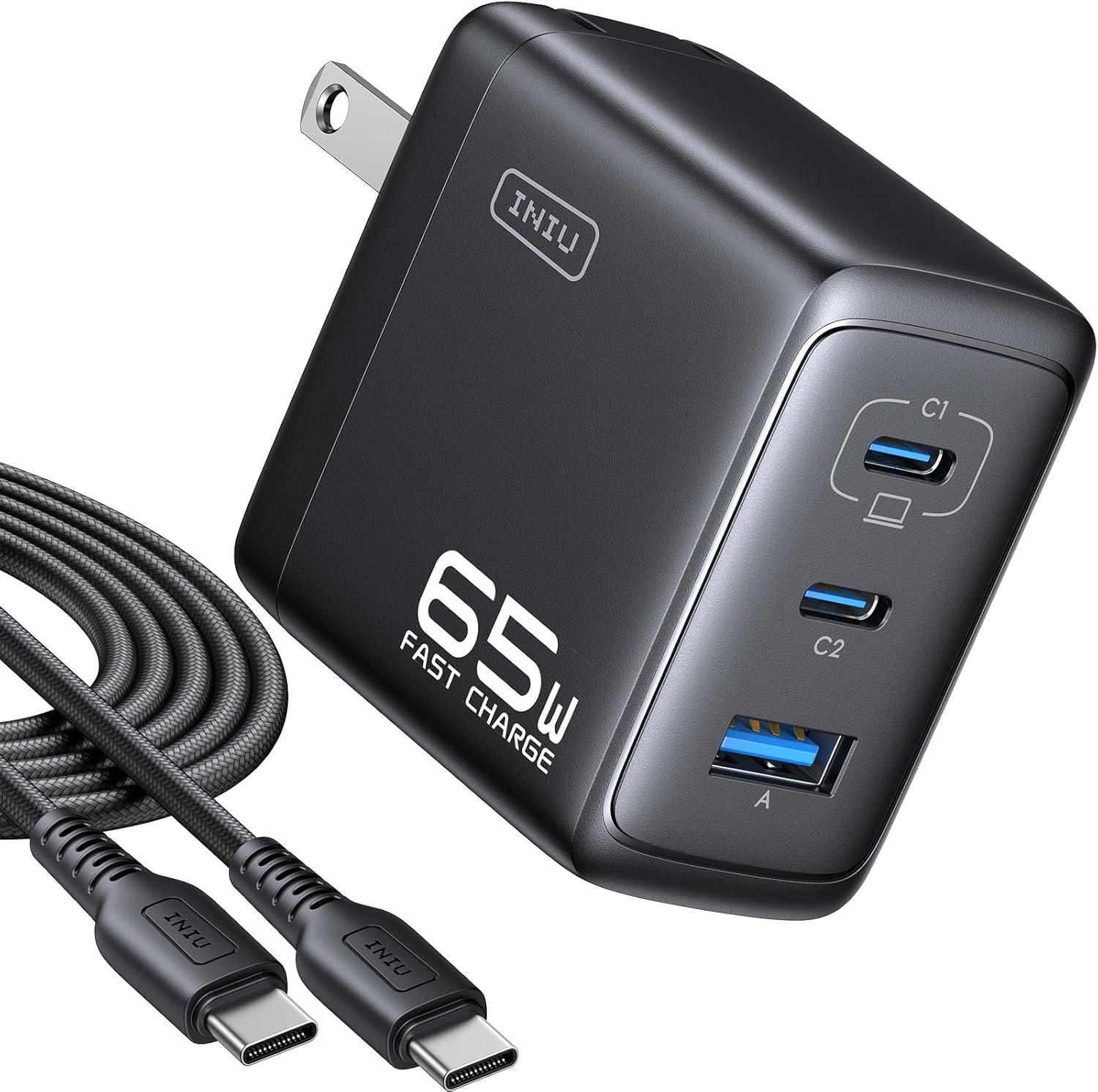 INIU 65W USB-C Fast Charger with 3 Ports and Foldable Plug for iPad and MacBook
