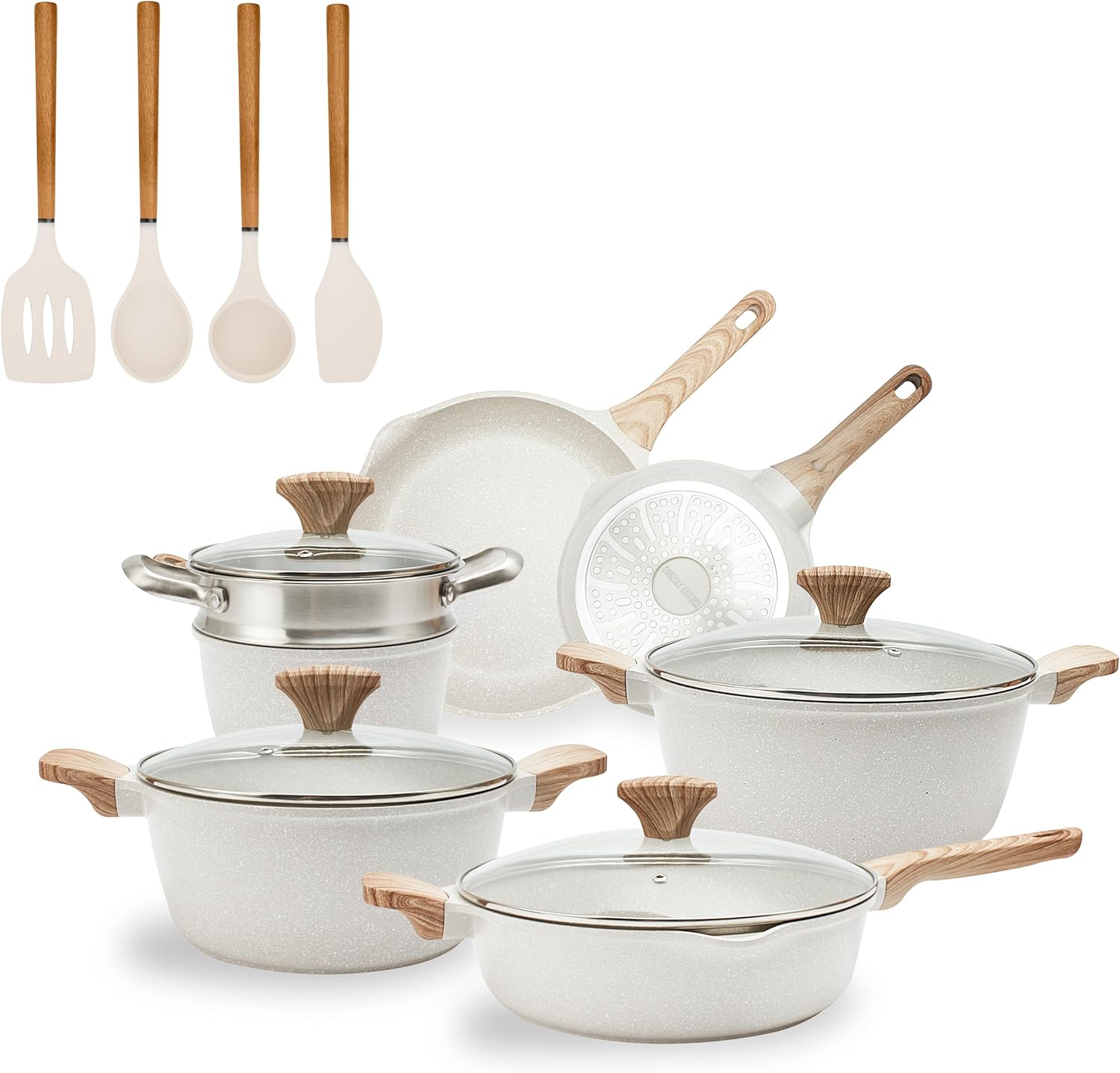 Country Kitchen Non-Stick Cast Aluminum Cookware Set, 15-Piece Cream Pots and Pans Set, Durable Everyday Kitchen Cookware, Oven Safe Nonstick Cooking Set