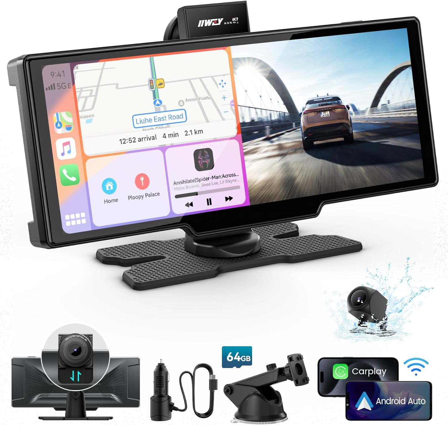 Portable Apple CarPlay Screen 10" Wireless Car Stereo with 4K Dash Cam