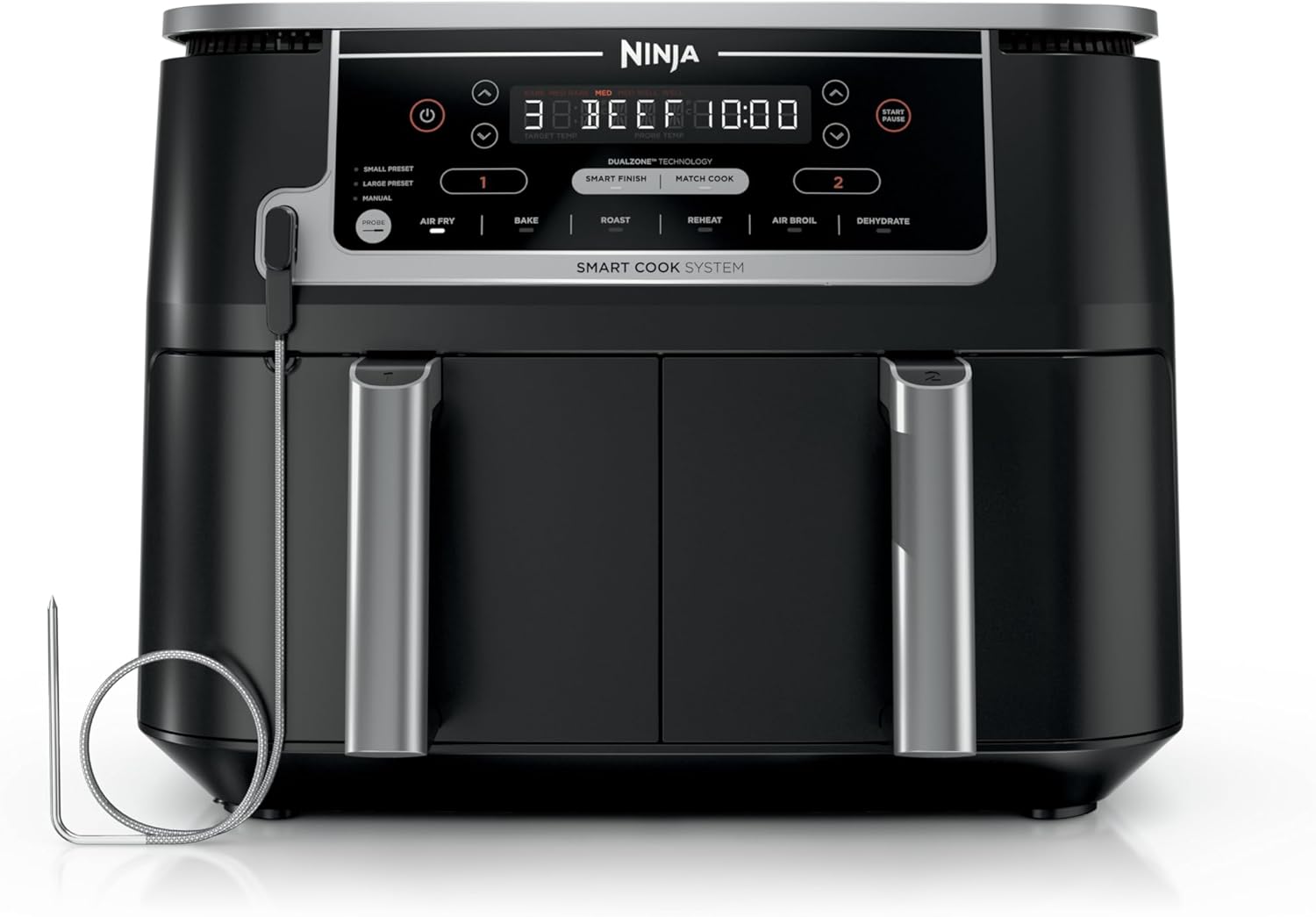 Ninja DZ550 Foodi 10-Qt DualZone Smart XL Air Fryer, 6-in-1 Cooking, 2 Independent Baskets, Smart Thermometer, Match Cook & Smart Finish