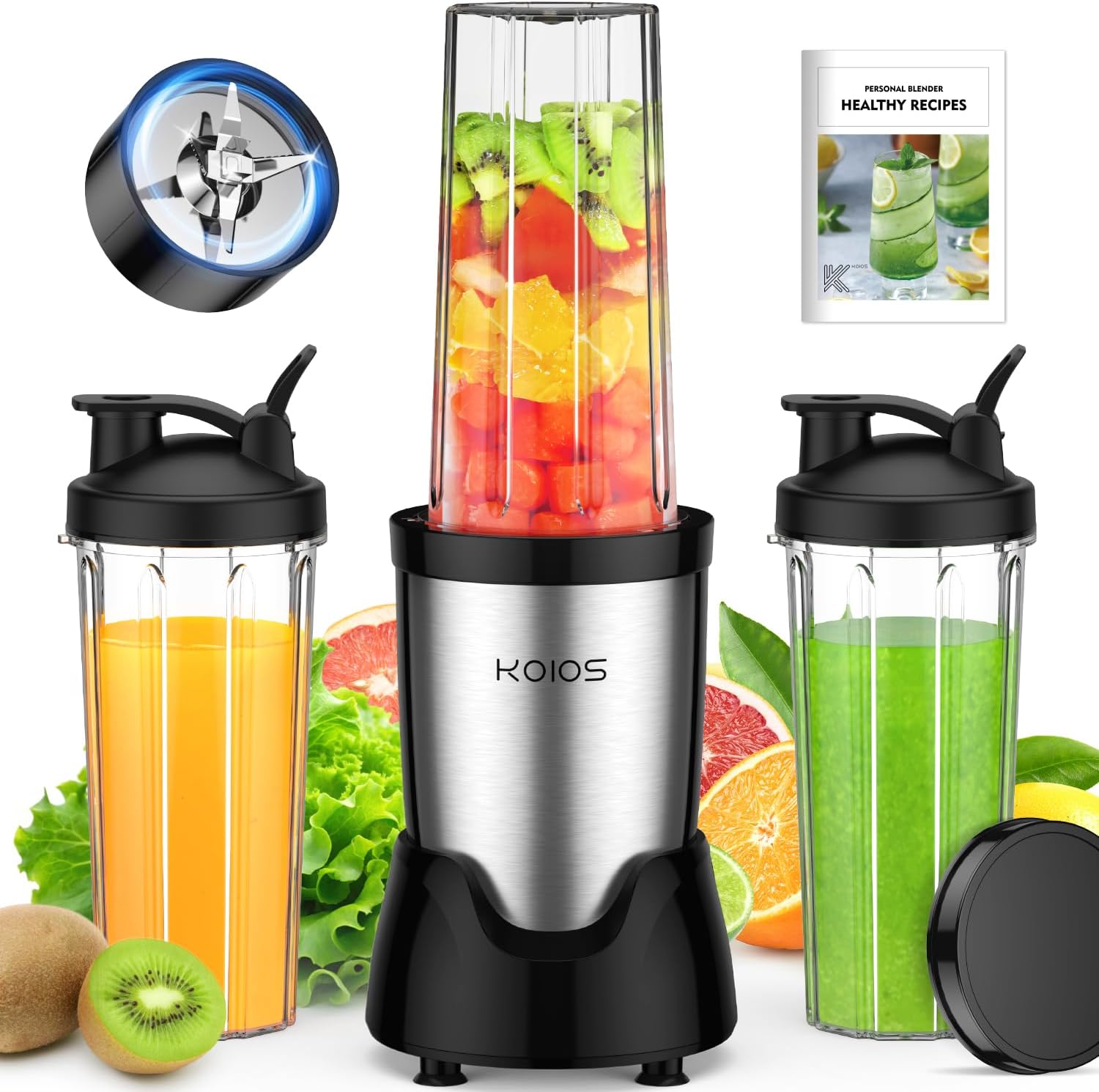 KOIOS Personal Blender for Smoothies with 3 × 22 oz To-Go Cups