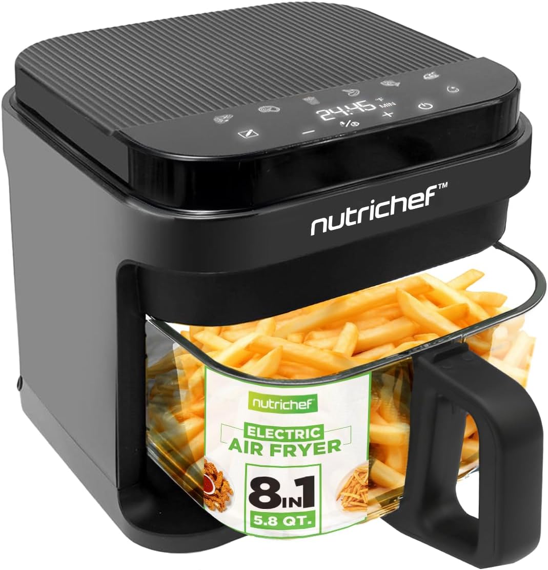 Nutrichef 5.8 Qt Air Fryer, 8-in-1 Preset Cook Modes, Transparent Fry Bowl, LED Touch Controls, Adjustable Temperature & Timer