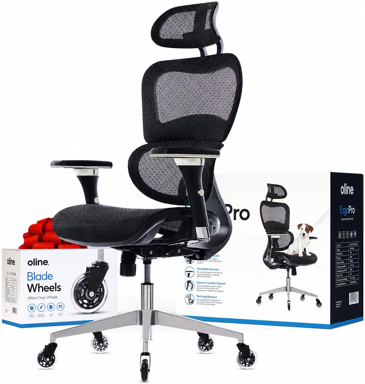 Oline ErgoPro Ergonomic Mesh Office Chair with 4D Armrests, 3D Lumbar Support & Blade Wheels
