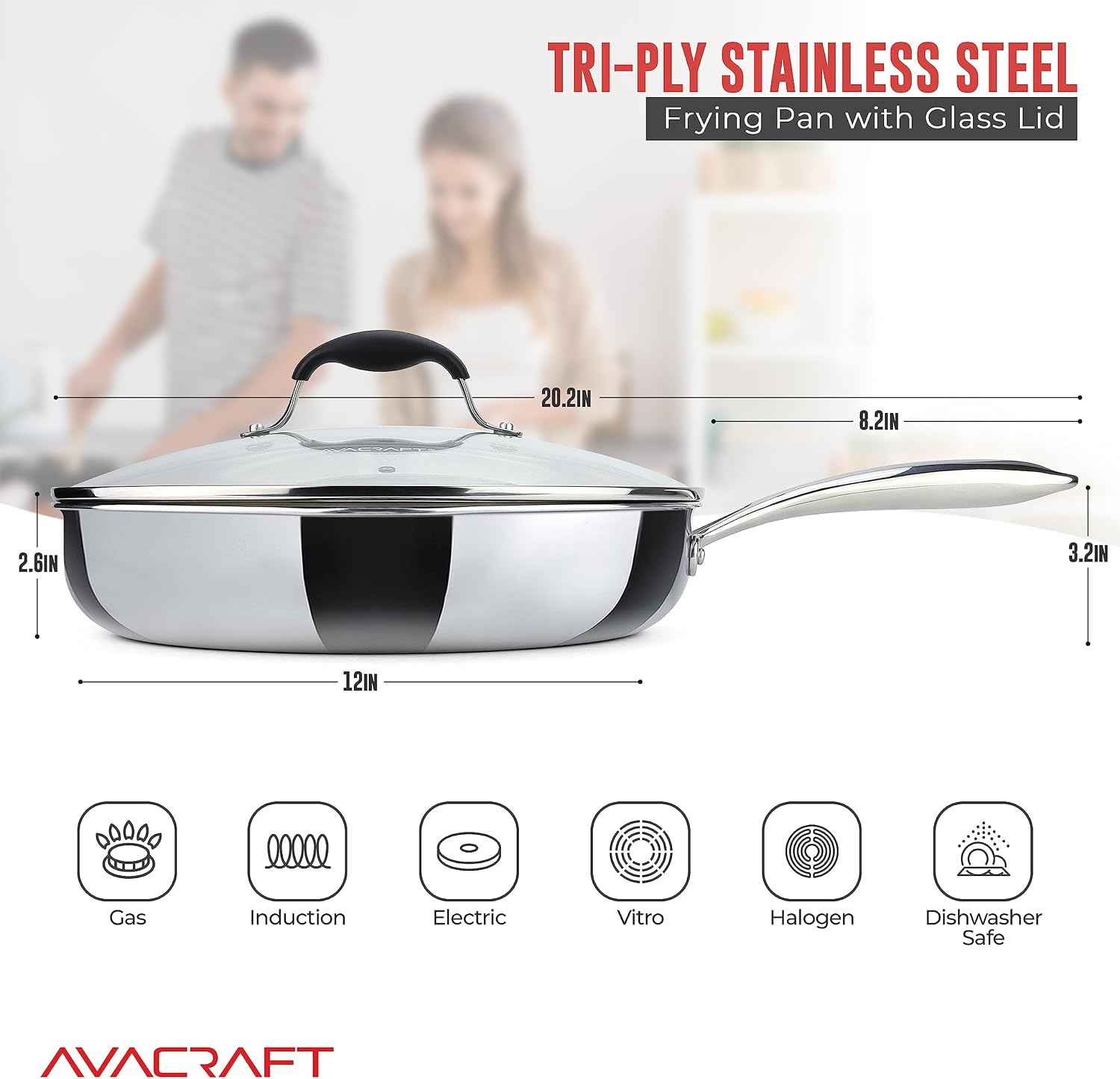 AVACRAFT 12 Inch Tri-Ply 18/10 Stainless Steel Frying Pan with Lid