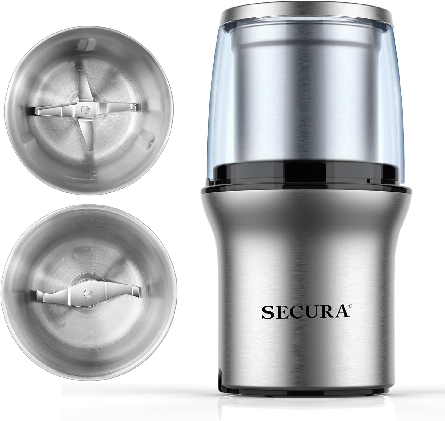 Secura Electric Coffee & Spice Grinder, 200W Stainless Steel Blade Grinder with 2 Removable Bowls, Safety Lock