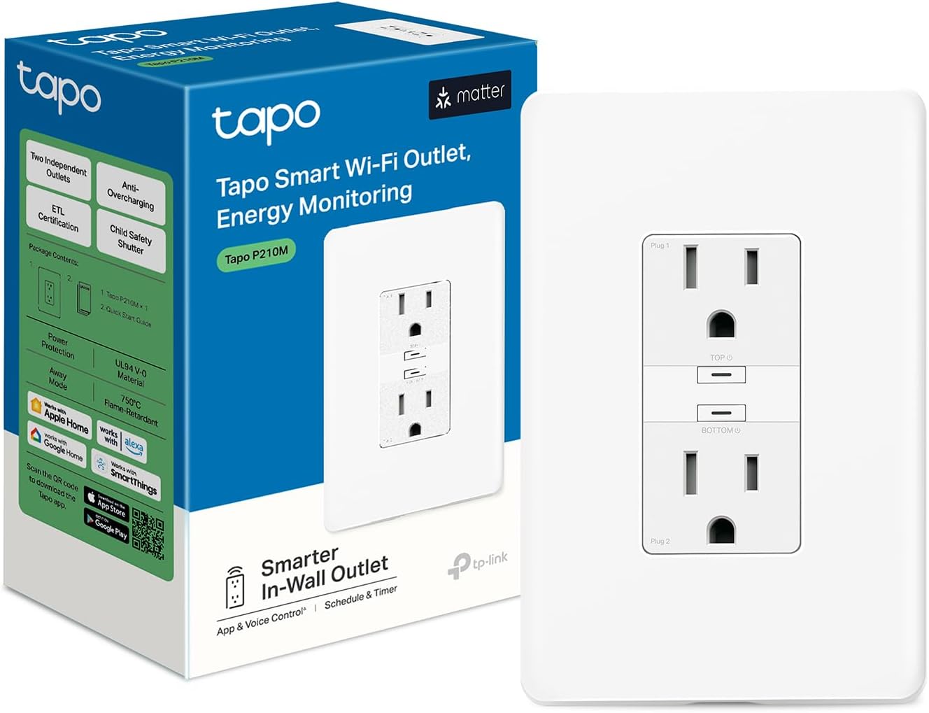 Tapo Smart Plug, Wi-Fi in-Wall Outlet, Matter Compatible, Energy Monitoring