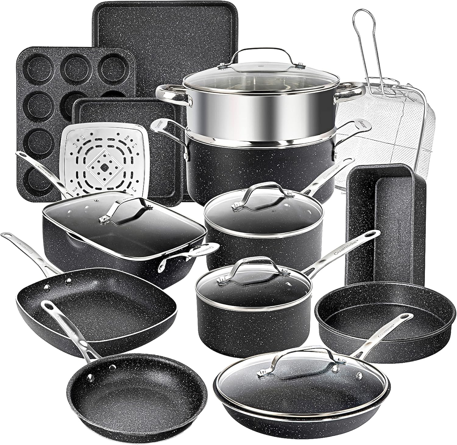 Granitestone 20-Piece Nonstick Cookware Set, Diamond Infused Pots and Pans Set with Frying Pan, Bakeware & Steamer, Black Kitchen Set, PFOA & PFOS Free, Oven & Dishwasher Safe, Metal Utensil Safe