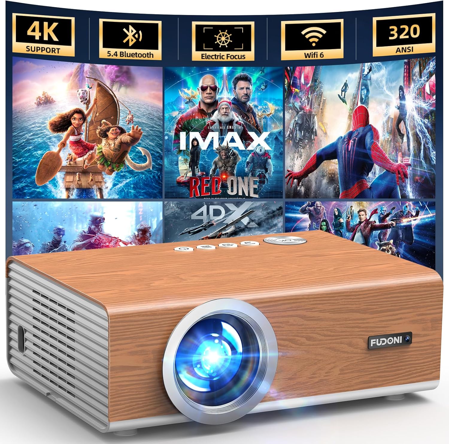 [Electric Focus/High Brightness] Projector with WiFi and Bluetooth, Upgraded 320ANSI Native 1080P Outdoor Movie Projector