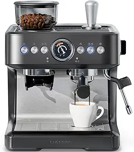 Chefman Crema Deluxe Espresso Machine with Built-In Coffee Grinder, Double Boiler & Steam Wand