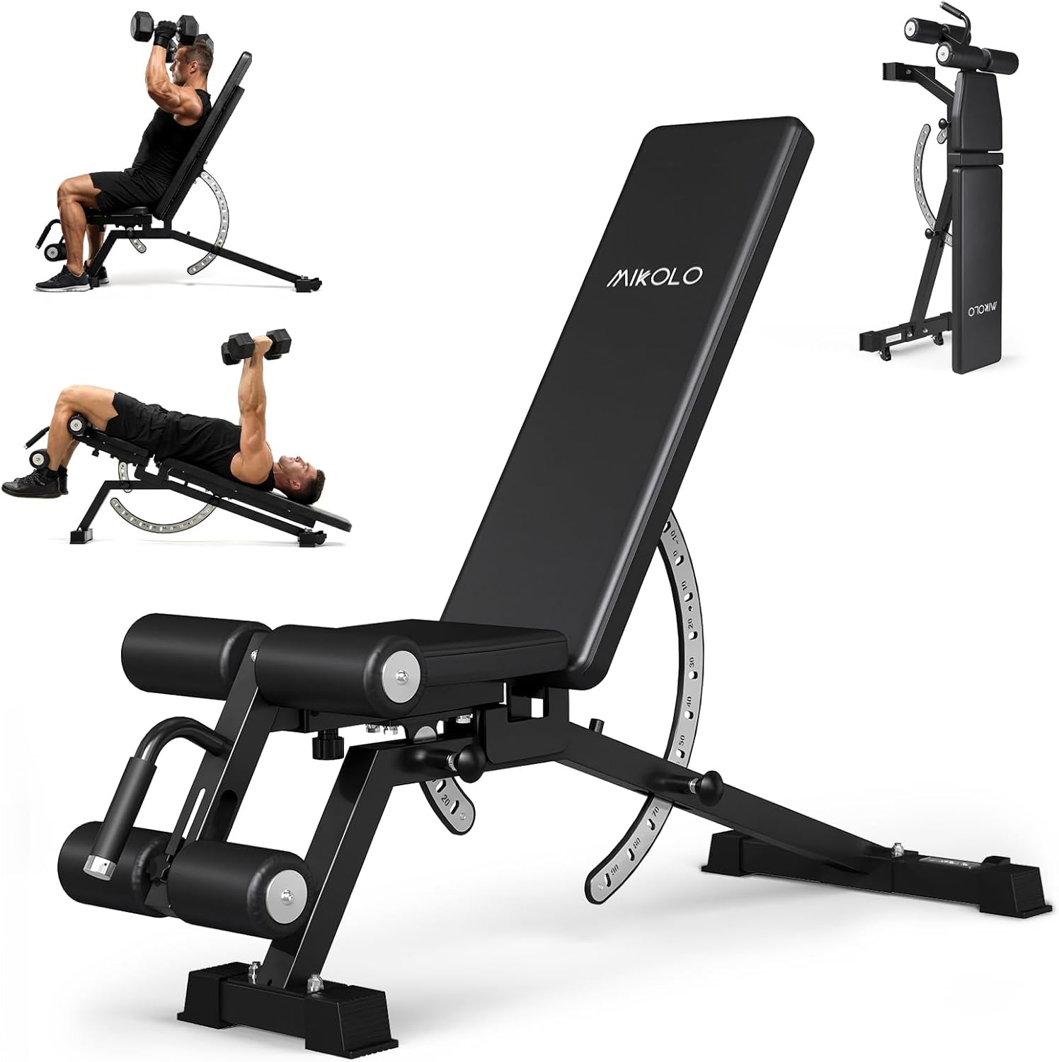Mikolo 1200LB Weight Bench, Adjustable Workout Bench with Detachable Leg Support, Vertical Storage Space-Saving Exercise