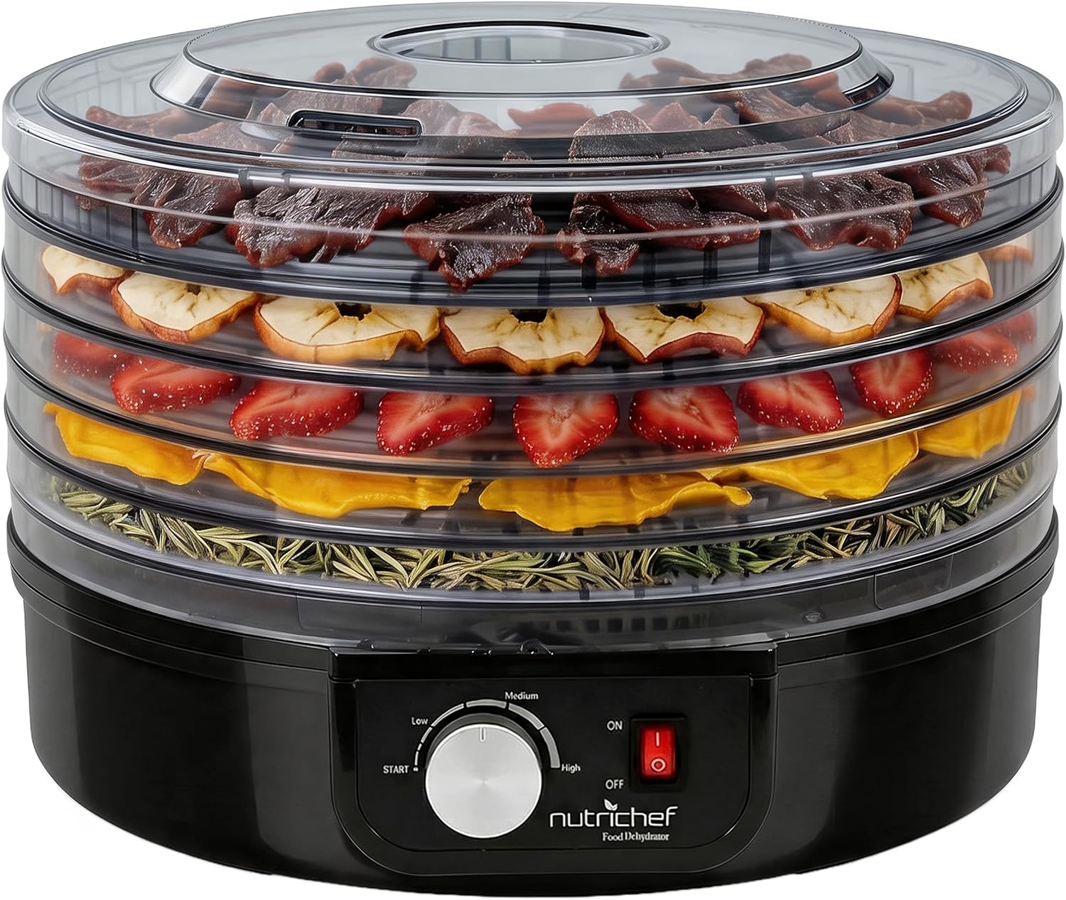 NutriChef Electric Countertop Food Dehydrator, 5 Stackable TraysBeach 5-Tray Digital Food Dehydrator, Adjustable Temperature
