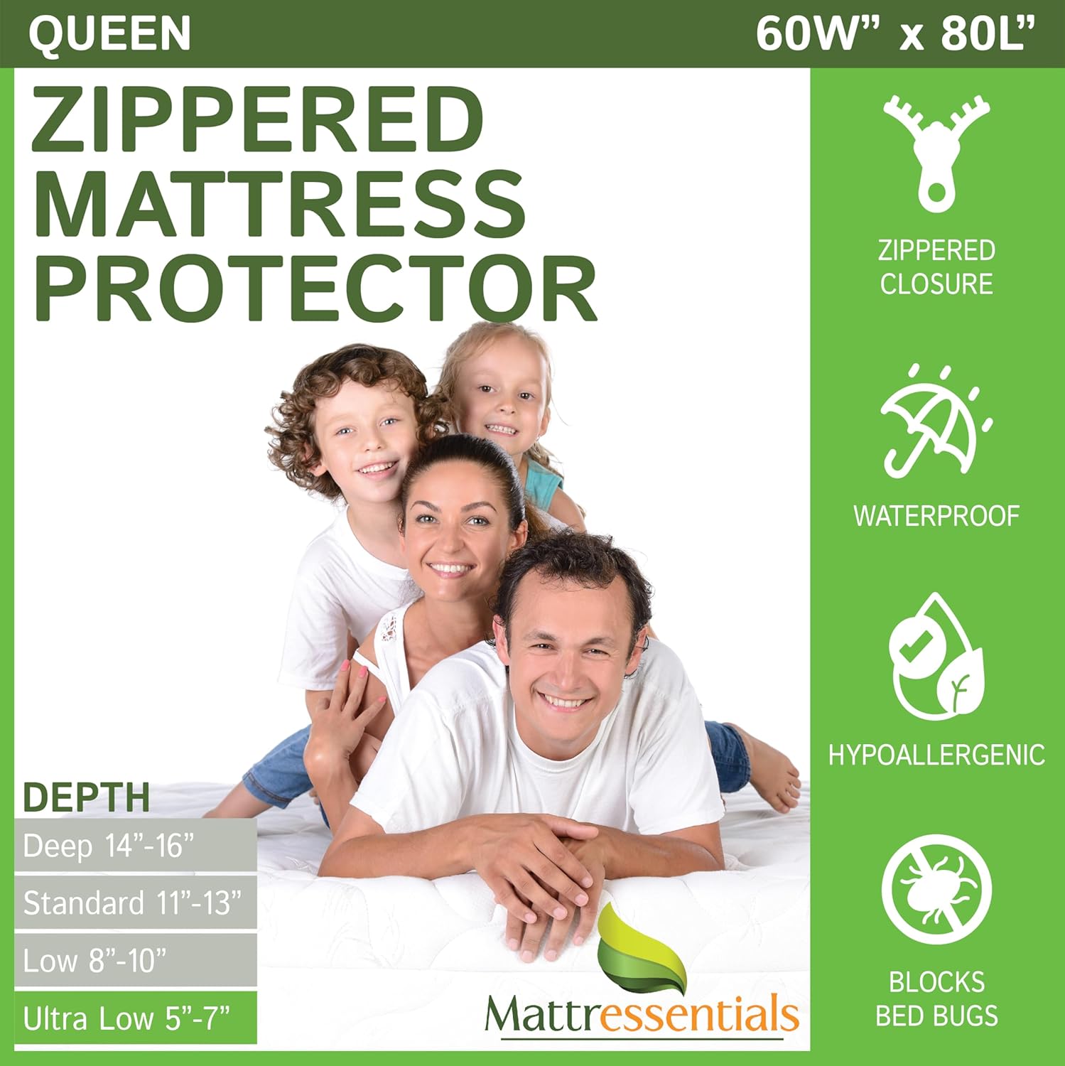 Zippered Queen Mattress Protector (5"-7" Depth) - Bed Bug Waterproof Mattress Cover, Premium Quality