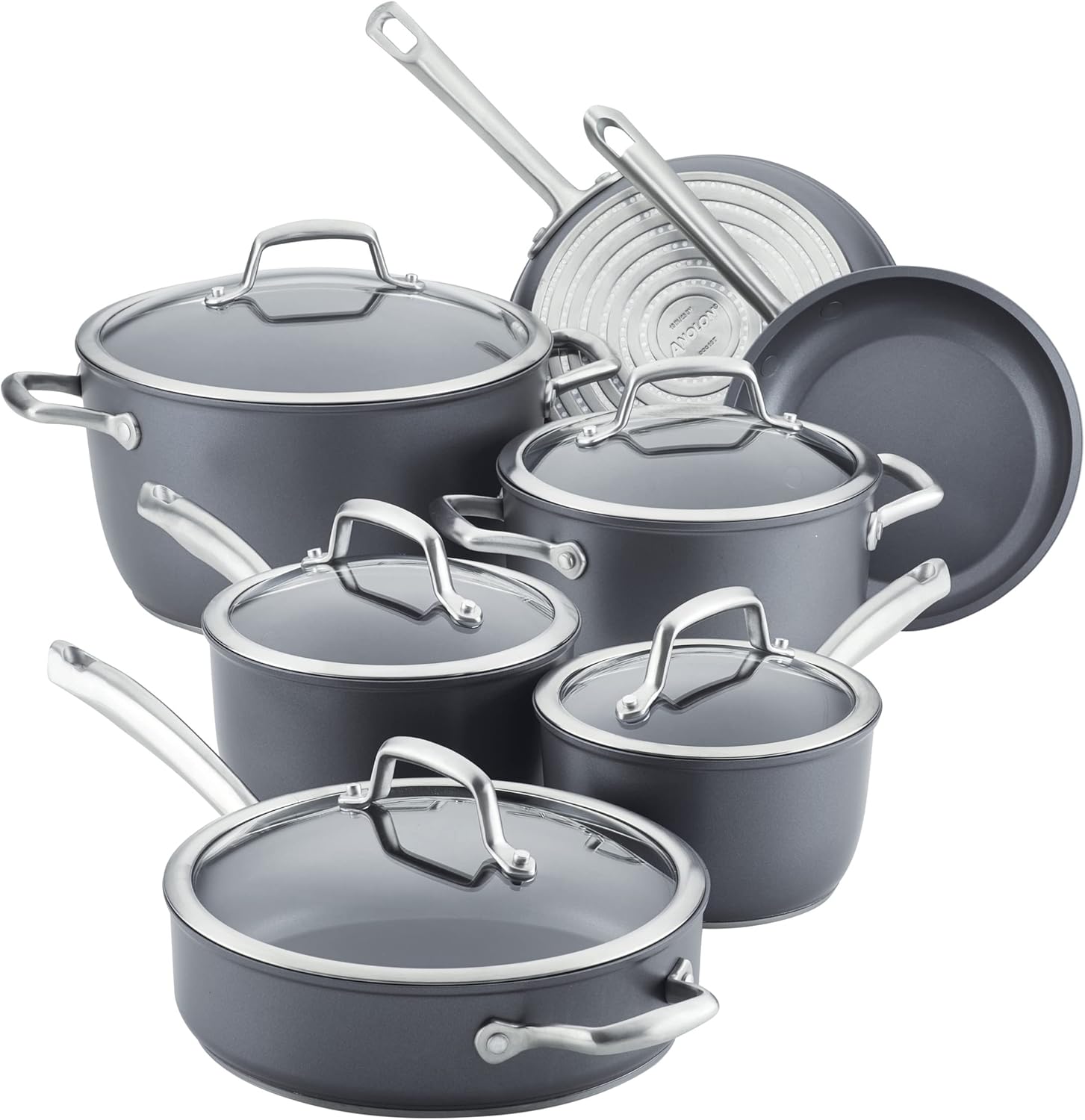 Anolon Accolade Forged Hard Anodized Nonstick 12-Piece Cookware Set, Induction Compatible Pots and Pans, Moonstone Gray, Durable Oven Safe Kitchen Cookware