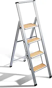 SORFEY 4-Step Folding Ladder, Bamboo & Aluminum