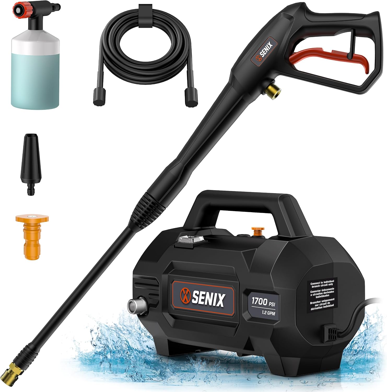 SENIX 1700 PSI Electric Pressure Washer with Foam Cannon & Turbo Nozzle
