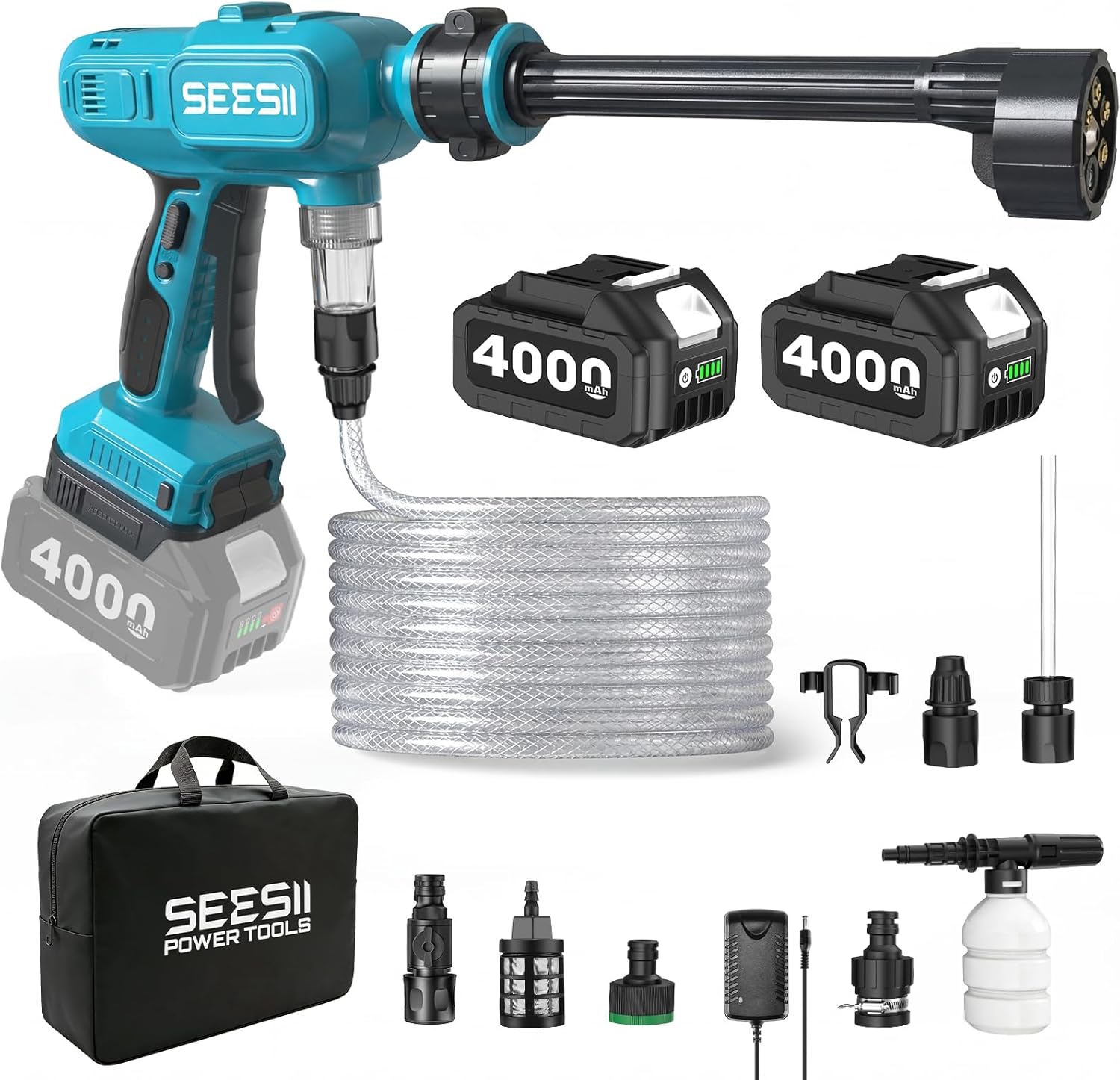 SEESII Cordless Car Pressure Washer with Dual Batteries & Foam Cannon