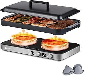 AMZCHEF Double Induction Cooktop with Removable Griddle Pan Non-stick