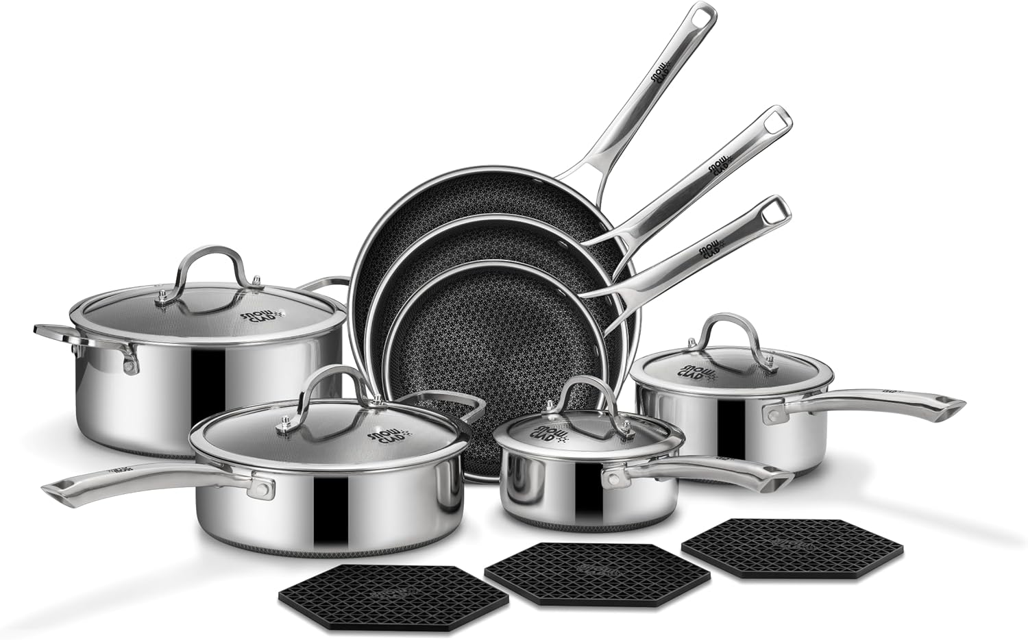 SNOWCLAD 14 Pcs Hybrid Stainless Steel Pots and Pans Set Non Stick