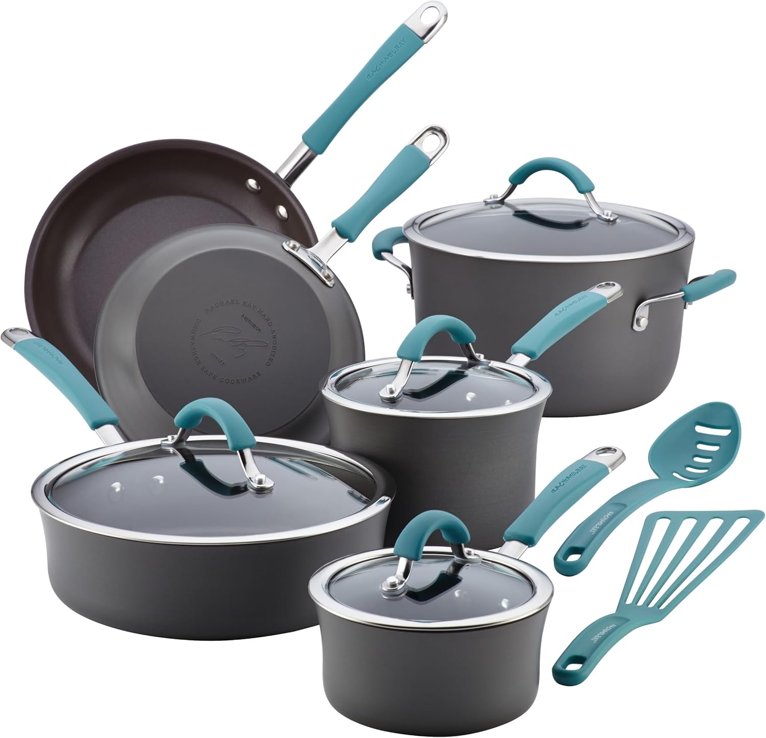 Rachael Ray Cucina Hard Anodized Nonstick 12-Piece Cookware Set, Gray with Blue Handles, Durable Pots and Pans Set, Oven Safe & Everyday Cooking Essentials