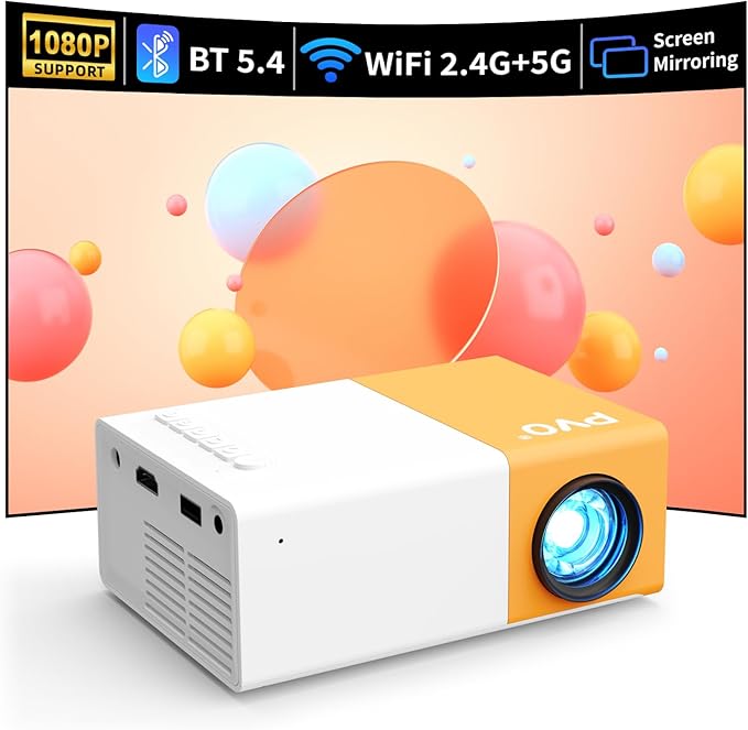 PVO Mini Projector WiFi Portable Movie Projector 1080P, Phone Screen Can Be Mirrored to Video Projectors via WiFi, Compatible with Smartphone/Tablet/Laptop/TV Stick/PS/Type-C/USB Drive