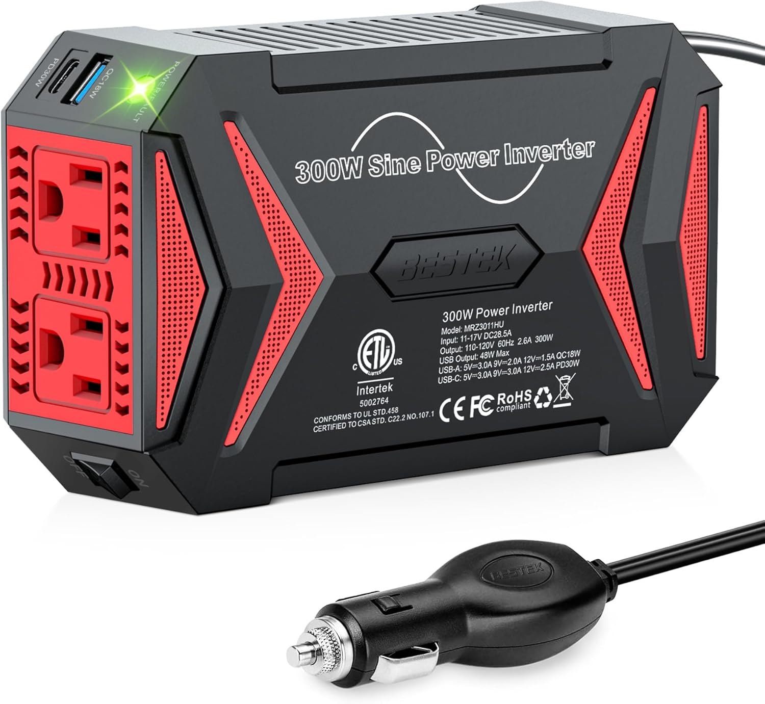 BESTEK 300W Pure Sine Wave Car Power Inverter with PD USB-C
