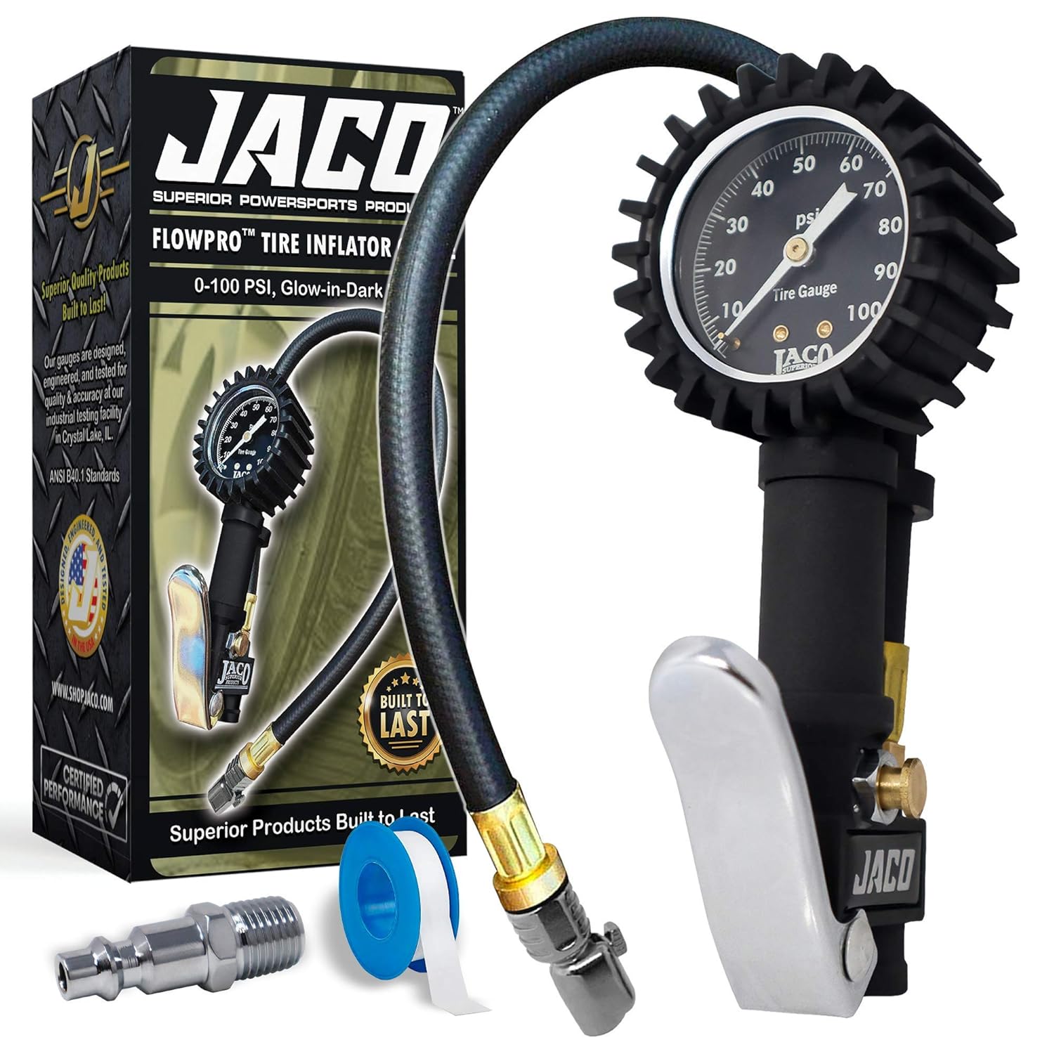 JACO FlowPro Tire Inflator with Pressure Gauge, 100 PSI