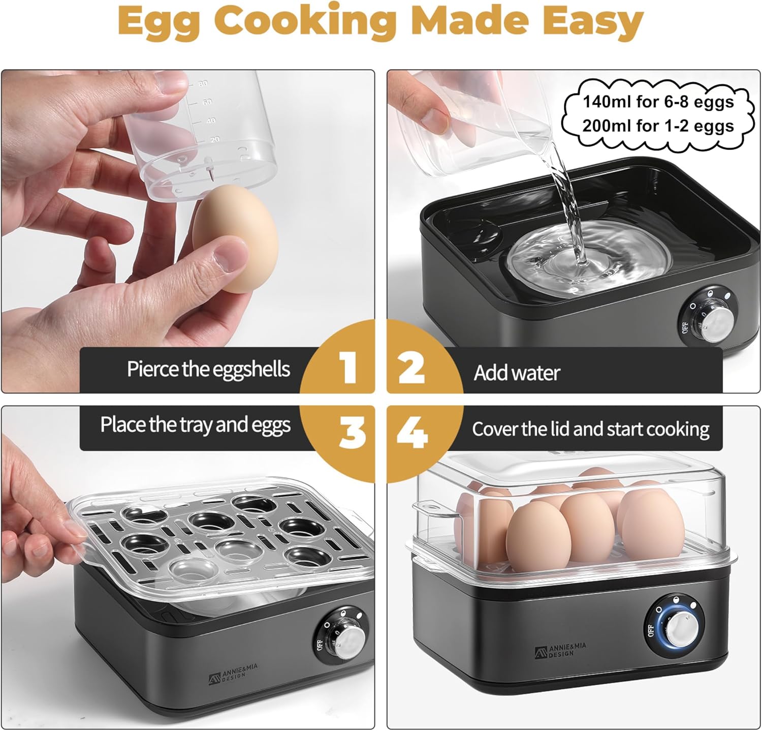 Annie & Mia Rapid Egg Cooker with 8-Egg Capacity & Stainless Steel Design