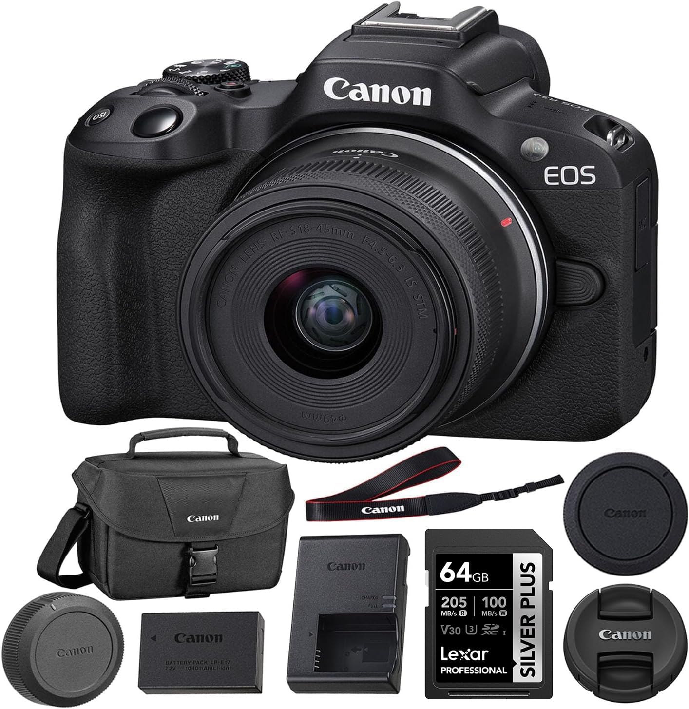 Canon EOS R50 Mirrorless Camera Kit (Black) — 18-45mm Lens + 64GB Memory Card + Canon 200ES Shoulder Bag